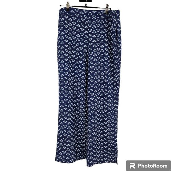 Hill House Pants Blue Floral Print Wide Leg Side Zip Stretch Palazzo Lounge Sz M - Picture 1 of 9